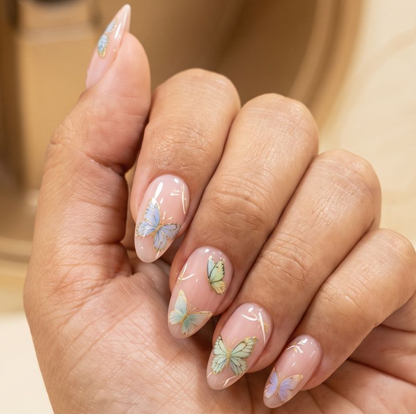 Uñas con mariposas pastel