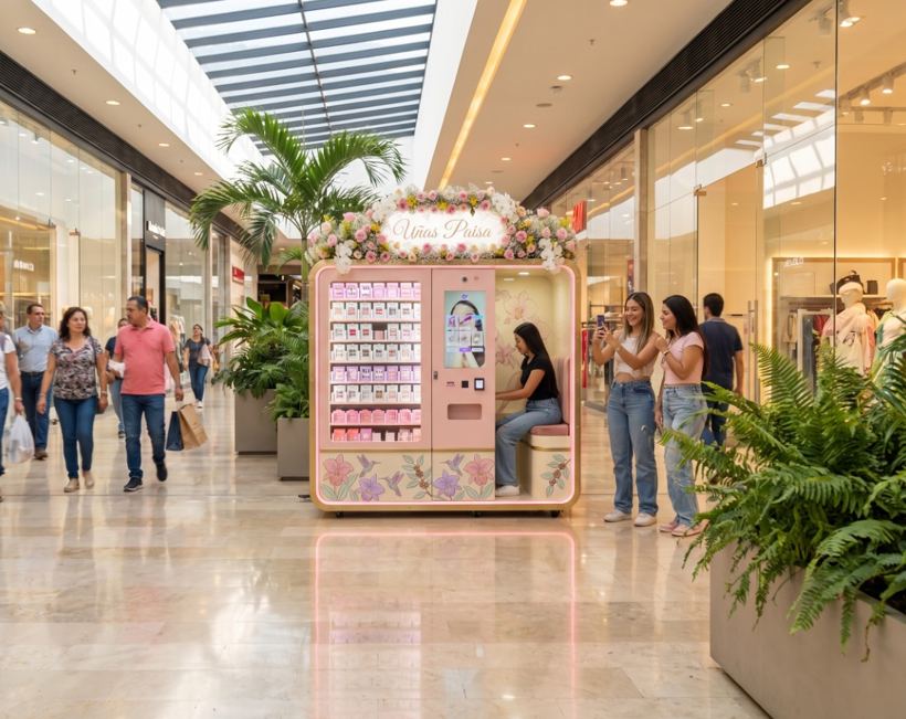 Clientas tomando fotos frente a la cabina Uñas Paisa en el centro comercial